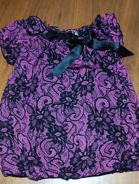 Tempted Girls, Purple W/Black Lace Print Bubble-waist Top Satin Bow, Size 6 EUC